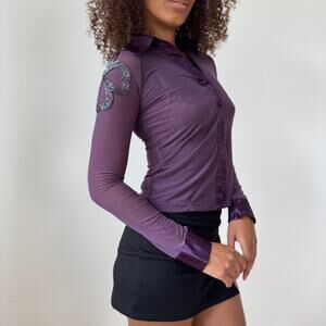 Vintage Sheer Purple Mesh Button-Up with Beaded Cut-Out Appliqué (S)